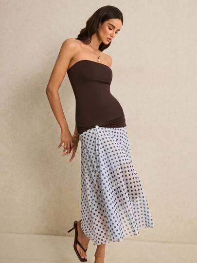 Poéselle Đầm nữ kiểu dáng lãng mạn cổ điển, thanh lịch, họa tiết chấm bi, phối nhiều mảnh, thích hợp cho mùa hè.