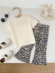 SHEIN 女婴动物纹宽松套头衫和喇叭裤套装 - 杏色 - 查看 2