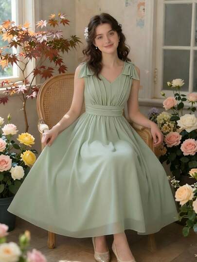 Vestido sin mangas de unicolor elegante con decoración de lazo para niña adolescente