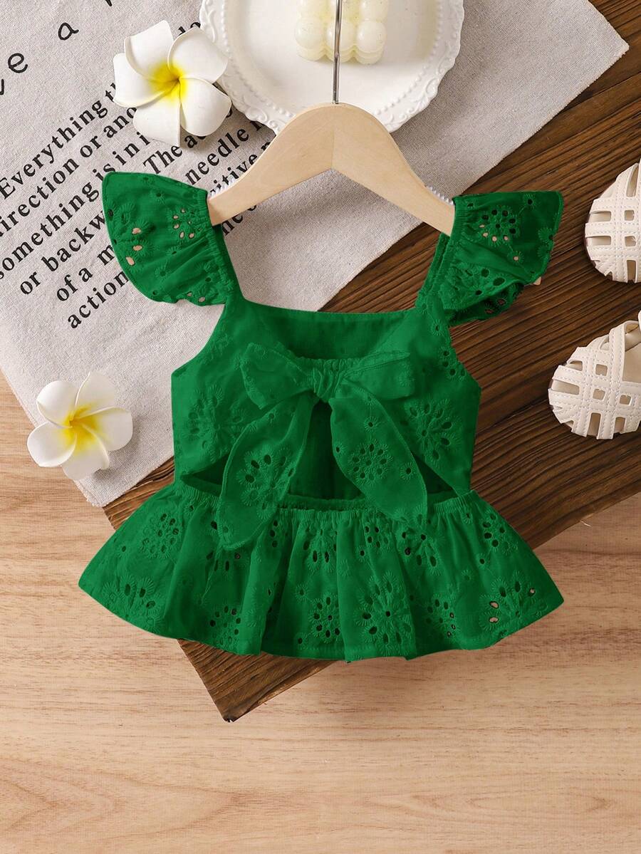 SHEIN LMoss Kids 女宝宝可爱夏季度假百搭白色刺绣蝴蝶结吊带背心 - 綠色 - 查看 1