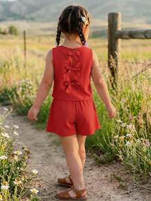 SHEIN Ensemble débardeur et short en tissu texturé de couleur unie, décontracté pour jeune fille en été, pour les vacances et les déplacements - Rouge - Voir 4