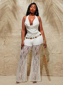 Radiana Combinaison dos nu à col ras-du-cou en dentelle et patchwork pour femmes grandes tailles, tenue sexy pour usage quotidien, printemps/été - Blanc - Voir 4