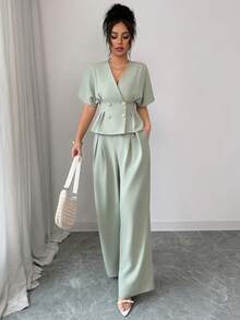 Elenzga 女士夏季外出、约会、新年、情人节、复活节、母亲节、音乐节、中东风情、婚礼着装 - 精致、时尚、优雅、复古风休闲简约通勤浪漫度假V领褶皱腰身双排扣金属纽扣修身常规落肩短袖上衣 + 修身常规长度直筒裤两件套，带口袋 - 綠色 - 查看 5