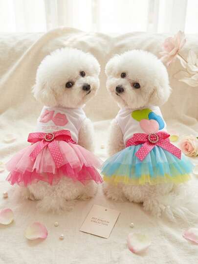 PETSIN 1 pieza Falda de tul suave y de pequeño tamaño, cómoda, transpirable y ligera con cintura elástica, fácil de usar, con estampado de corazón y labios en colores rosa y azul, vestido de tul para mascotas, ropa para perros, gatos, Teddy y Bichon Frise, regalo para amantes de las mascotas y dueños de perros, para uso diario, fiestas, fotografía y hogar, accesorios de moda para mascotas