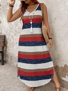Breezaya Plus Size Women's Casual Striped Dress, Spring/Summer - Multicolor - View 3