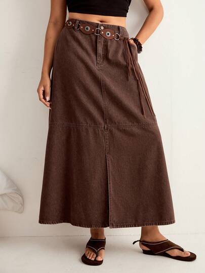 Freevana Falda vaquera versátil y casual con bolsillos y abertura lateral para mujer talla grande