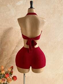 Soleia Women's Sexy Metal Decor Backless Halter Romper For Summer Party Night Elegant Vacation Holiday Red And Gold - Red - View 2
