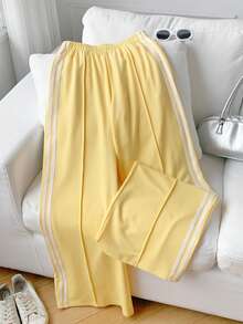 Comfortcana Celana Jogging Wanita Kasual untuk Sehari-hari, Berpergian, Sekolah, Olahraga, Pinggang Elastis, Garis Kontras di Samping, Longgar, Kaki Lebar, Musim Semi/Panas - Angsa kuning - View 3
