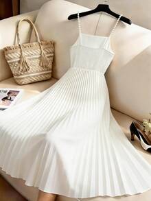 GlowEve 女士白色纹理面料喇叭袖方领纽扣腰部喇叭形蝴蝶结系带褶裥波西米亚风度假日常通勤优雅迷人时尚约会海滩街头百搭春夏白色长裙 - 白色 - 查看 2