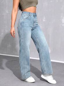 SHEIN EZwear Women's High Waist Light Blue Casual Summer Versatile Jeans - Light Wash - View 3