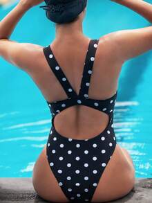Swim Nautrix Women's Black Background White Polka Dot One-Piece Swimsuit, Backless Criss-Cross Strap Fitted Swimwear Polka Dot One Piece Swimsuit Polka Dot Bathing Suit Bathing Suits For Women Swimwear For Women Polka Dot Swimsuit Poka Dots Bathing Suit Bathing Suits For Women Polka Dot Women S Bathing Suit Full Coverage Polka Dot Swimsuit One Piece One Piece Swim Suits For Women - Black and White - View 3