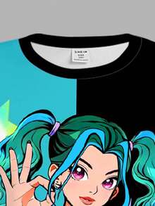 少女圆领字母卡通印花短袖连衣裙，适合度假、派对、日常穿着、音乐会等场合。 - 彩色 - 查看 4