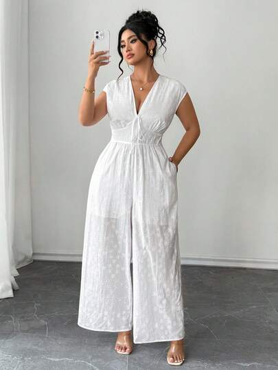 Elenzga Plus Size Women Elegant Date Night Solid V-Neck Jumpsuit