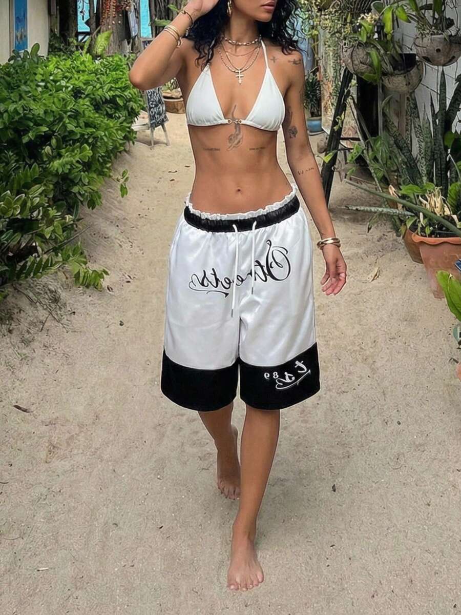 StreetHx 女士千禧年风格Y2K服装，黑白印花休闲街头风中长裤，两件套，适合春秋季穿着 - 白色 - 查看 1