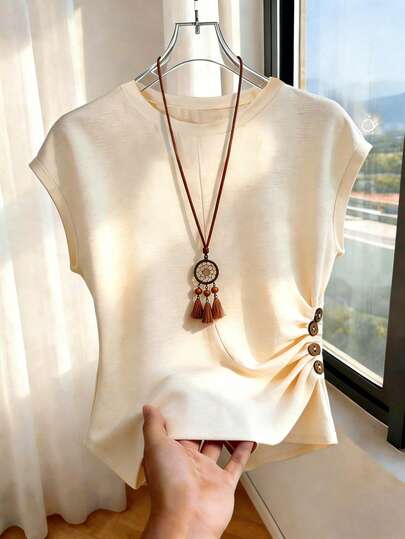 Franclia 2026 New Fashion French Style Solid Apricot Irregular Hem Short-Sleeve Women's T-Shirt Pull-On StyleSuitableforSpringandSummer.Women's ShortsleeveTshirtspring Andsummerwomen'sapparelsummer Clothingwomen's Spring-Summer T-Shirtstylish Women's T-Shirtshortsleevetop.Women'swhite T-Shirt,Women's Buttonedtop.Ideal For Springsummer,Easter,Festivals, Parties,Beach,Weddings,Graduationceremonies,Outings,Proms,Birthdays. Suitable Forelegant,Vacation, Casual, Luxurious, Sportyandformal Occasions,Graduation