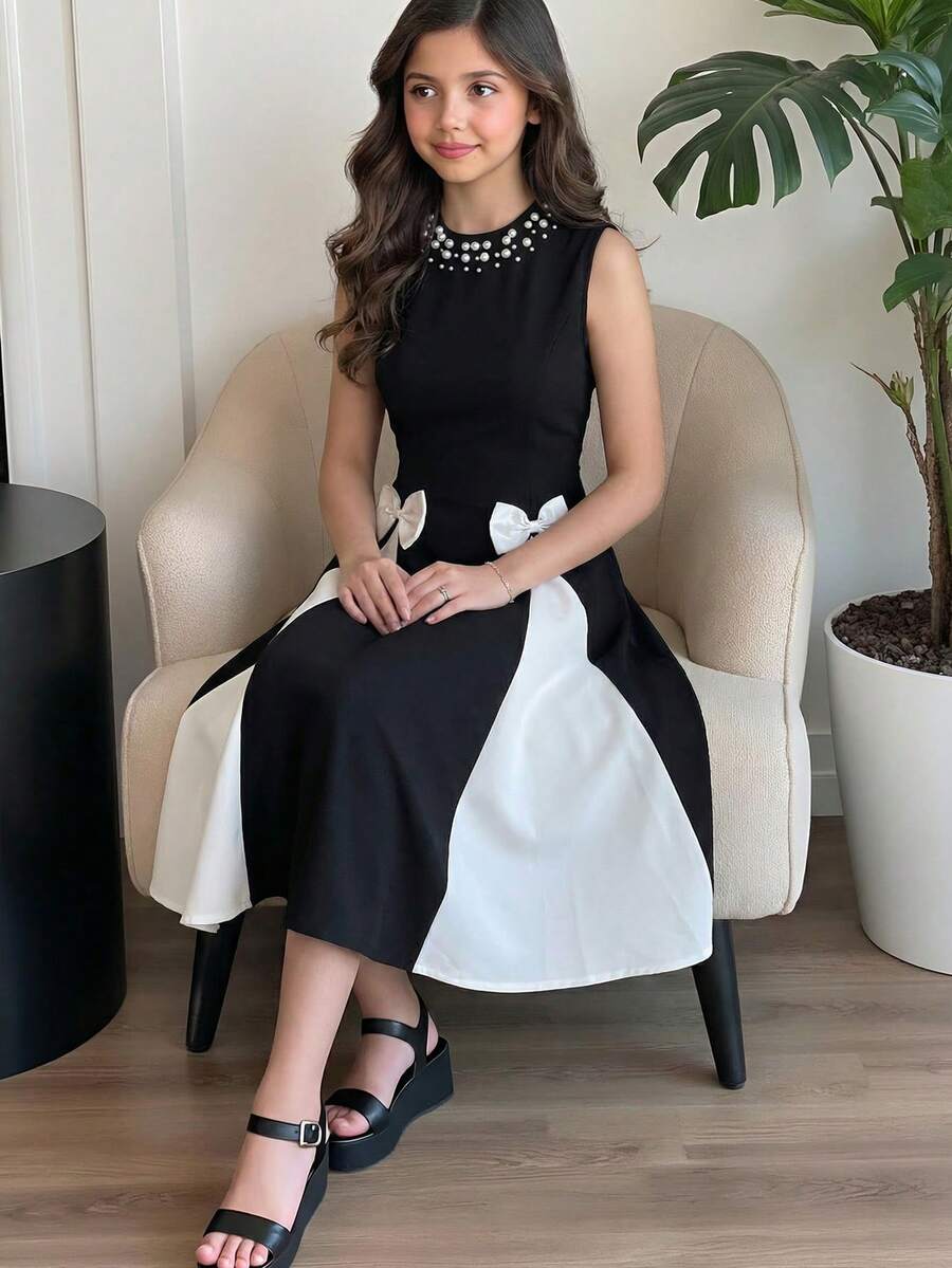 少女优雅珍珠镶边撞色蝴蝶结装饰无袖连衣裙 - 黑與白 - 查看 1