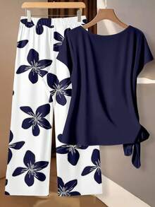 EMERY ROSE Women's Tie Bow Blouse And Straight Leg Pants 2 Pieces Set - Multicolor - View 4