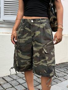 SHEIN ICON Quần short denim Cargo họa tiết camo cỡ lớn - màu xanh lá - Xem 4