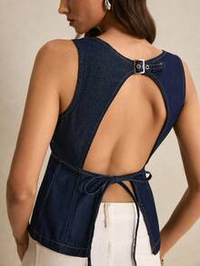 Poéselle Women's Round Neck Sleeveless Backless Denim Top - Dark Wash - View 3