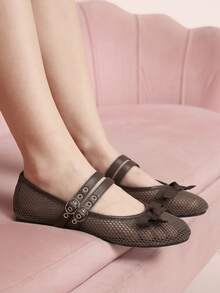 CUCCOO DOLLMOD Zapatos planos de mujer con puntera redonda, malla, lazo y ojetes metálicos, de dos correas, casuales, para ir y venir, básicos, para vacaciones - Marrón - Ver 4