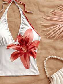 Soleia 女士沙滩度假印花吊带上衣和迷你裙两件套 - 紅色 - 查看 4