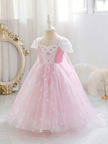 SHEIN Glamorique Kids Đầm công chúa cho bé gái, đầm dự tiệc, đầm voan phồng in hình bông tuyết kèm áo choàng, đầm voan hồng, găng tay, đầm sinh nhật, đầm cưới, đầm dạ hội ngày lễ, đầm dạ hội thanh lịch, đầm dự tiệc cho mọi mùa - Hồng - Xem 3