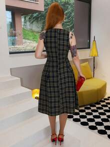 Gretanique Vintage Sleeveless Waist Gathered A-Line Plaid Dress For Women Checkered Dress Women Midi Dress Plaid Dress Women Frenchy Women Dresses Elenzga Women Dress - Multicolor - View 2