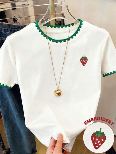 EMERY ROSE Women's Short Sleeve T-Shirt, Strawberry Embroidery Pattern, Ruffle Collar Design, Casual Chic, Summer Outdoor Top, Graphic Design, Elegant, Versatile, Daily Wear, Outdoor, Shopping, Travel