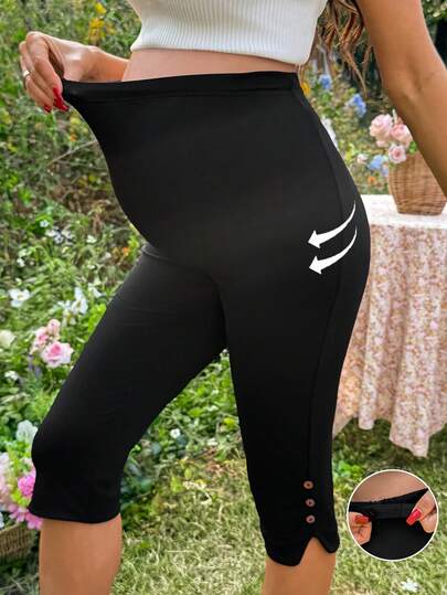 SHEIN Adjustable Waist Button Decor Solid Color Casual Slim Fit Maternity Leggings, Suitable For Daily Wear, Workplace Commute