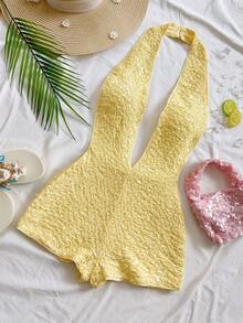 Soleia 女士度假亮片豹纹针织纹理深V露背性感连体衣，时尚修身连体裤，适合派对、约会、下午茶、波西米亚风海滩夏季装扮 - 淡黃色 - 查看 5