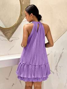 Slaydiva 春夏新款度假波西米亚风宽松绿色露肩双层荷叶边下摆迷你连衣裙，适合情人节、约会、波西米亚风、游牧风、海边、邮轮、沙滩、度假、派对、聚会、节日、音乐会、日常出行、新年、狂欢、早午餐、辣妹装扮、机场穿搭、婚礼宾客装扮、婚礼季等场合。 - 紫色 - 查看 7