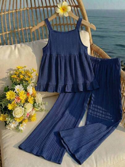 Tween Girl Solid Color Ruffle Trim Top And Wide Leg Pants Casual Outfit