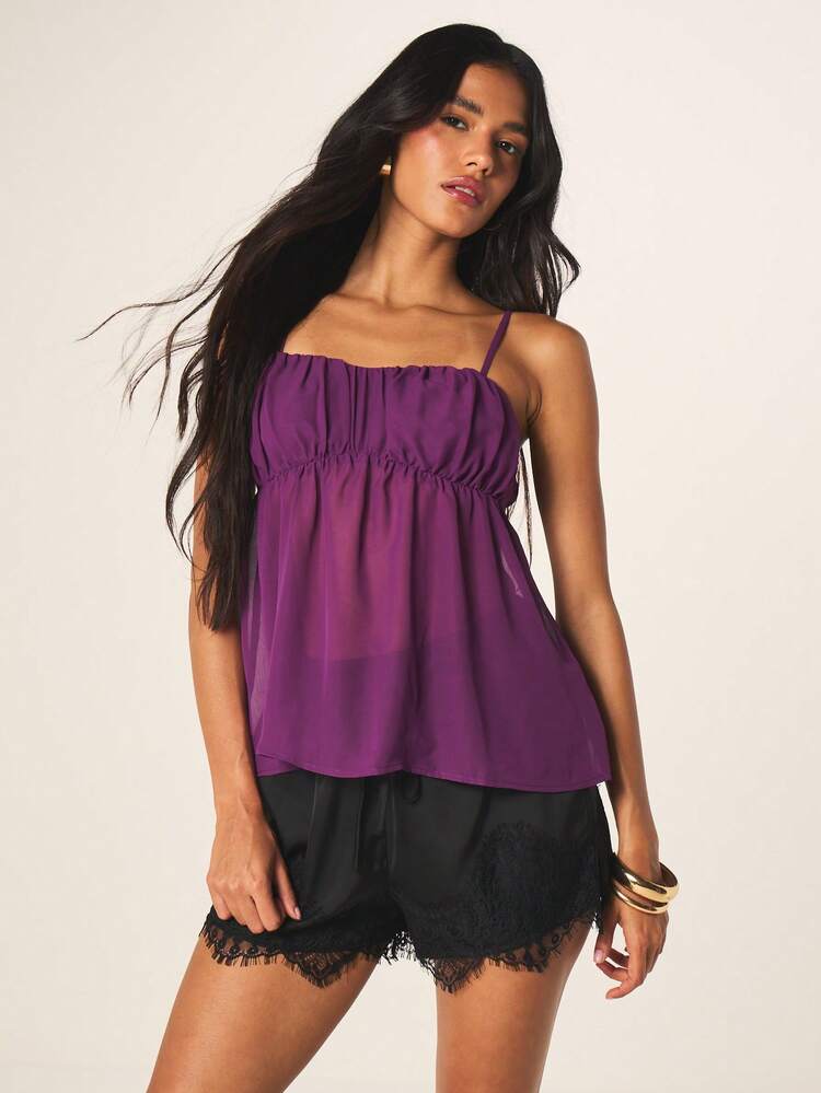 MISSGUIDED Women's Purple Ruched Camisole Top With Thin Straps And Babydoll Fit For Summer Casual Elegant Feminine Style Sleeveless Blouse