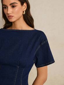 Poéselle Áo sơ mi denim ôm dáng tay ngắn cổ thuyền dành cho nữ - Rửa tối - Xem 6