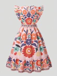 Tween Girls Colorful Floral Print V-Neck Dress - Pink - View 2
