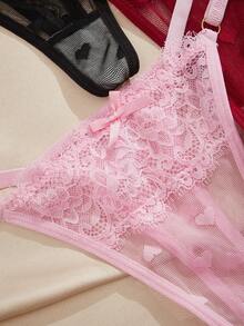 Charlaine 3pcs/Pack Women's Low Waist Lace G-String Panties With Random Heart Pattern - Multicolor - View 4