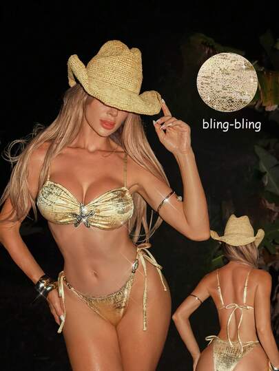 Swim SXY 金色纹理面料吊带泳衣上装，饰有金色海星图案；泳裤侧边系带，饰有贝壳和金色珠子，性感优雅的沙滩度假比基尼两件套，女士款。