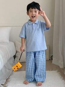 Dazy Kids Bộ 2 món cho bé trai: Áo thun cổ tròn tay ngắn màu trơn + Quần kẻ caro, trang phục thường ngày mùa xuân/hè. - Màu xanh lam - Xem 3