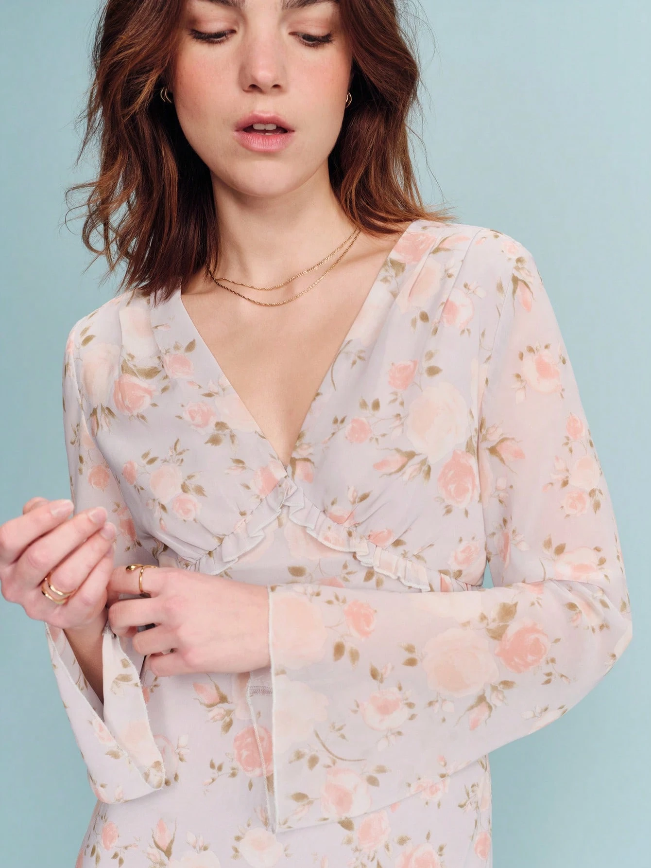 Romantic Floral Print Long Sleeve Midi Dress With Ruffled Front Bust Detail And Soft Flowing Silhouette Feminine Spring Summer Dress French Style Parisian Style  Going Out Long Sleeve Dresses Woman Long Floral Dress Women Flowery Dress