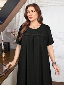 Lacomfia Casual Minimalist Pom-Pom Jacquard Round Neck Loose Fit Short Sleeve Plus Size Dress, Suitable For Spring And Autumn - Black - View 3