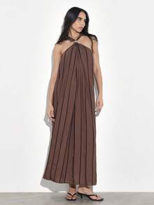 KSTM 女士吊带条纹长款连衣裙，无袖及地，夏季飘逸A字型晚礼服，波西米亚风休闲长裙，系带设计 - 棕色 - 查看 1