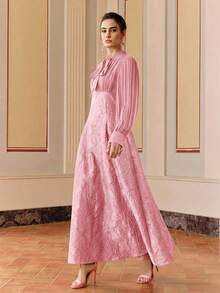 Anewsta Navy Blue Mid-Length Dress With Tie Collar, Beaded Elegant Jacquard Chiffon Patchwork Long Sleeve Dress For Party - Pink - View 5