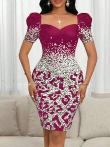 SHEIN Lady 女士时尚优雅甜心领花瓣袖中长连衣裙 - 玫紅色 - 查看 6