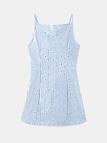 lacRébo Gaun Mini Kancing Depan Bordir Bunga Biru Langit untuk Liburan Musim Semi dan Musim Panas, Gaun Lucu, Gaun Vintage, Gaya Prancis, Gaya Paris. - Biru - View 7