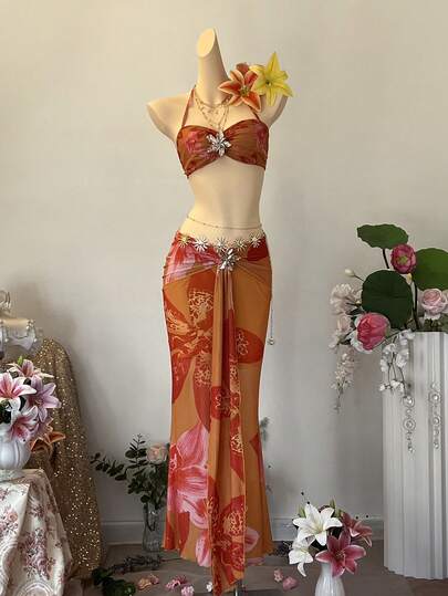 SuriyaCove Women's Sexy Backless Floral Print Halter Top With Metal Decor, Suitable For Summer Vacation