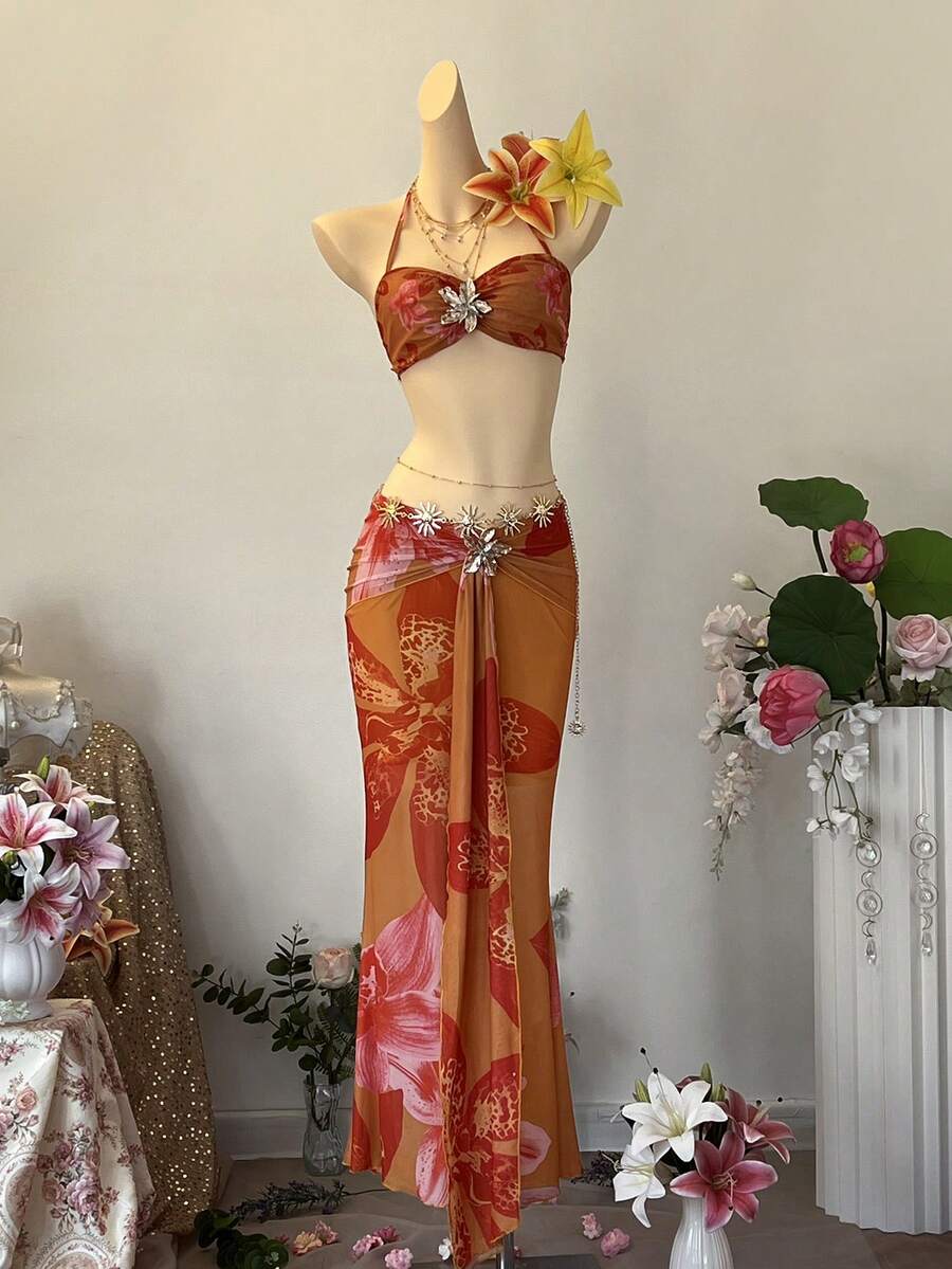SuriyaCove 女士性感露背印花吊带上衣，金属装饰，适合夏季度假 - 亮橙色 - 查看 1