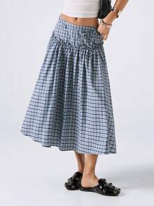 LYSMO 2026 New Arrive Minimalism Spring/Summer Women's Blue Dress Plaid Ruffle Hem Pleated Casual Mini Skirt, Going Out Outfits Ruffle Skirt Peplum Casual Outfit For Women Spring Outfit Women Summer Outfits Streetwear - Navy Blue - View 4