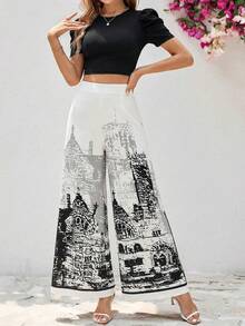 SHEIN Clasi 女士纯色羊腿袖T恤和绿色印花长裤两件套，春夏女装，复活节，优雅派对装，海滩装，母亲毕业礼服，毕业礼服，伴娘礼服，婚礼宾客礼服，婚礼，女士度假装，夏季假日装，女士正式服装，Y2K风格，女士办公室装，流行女装夏季套装，女士巴黎风套装 - 黑與白 - 查看 8