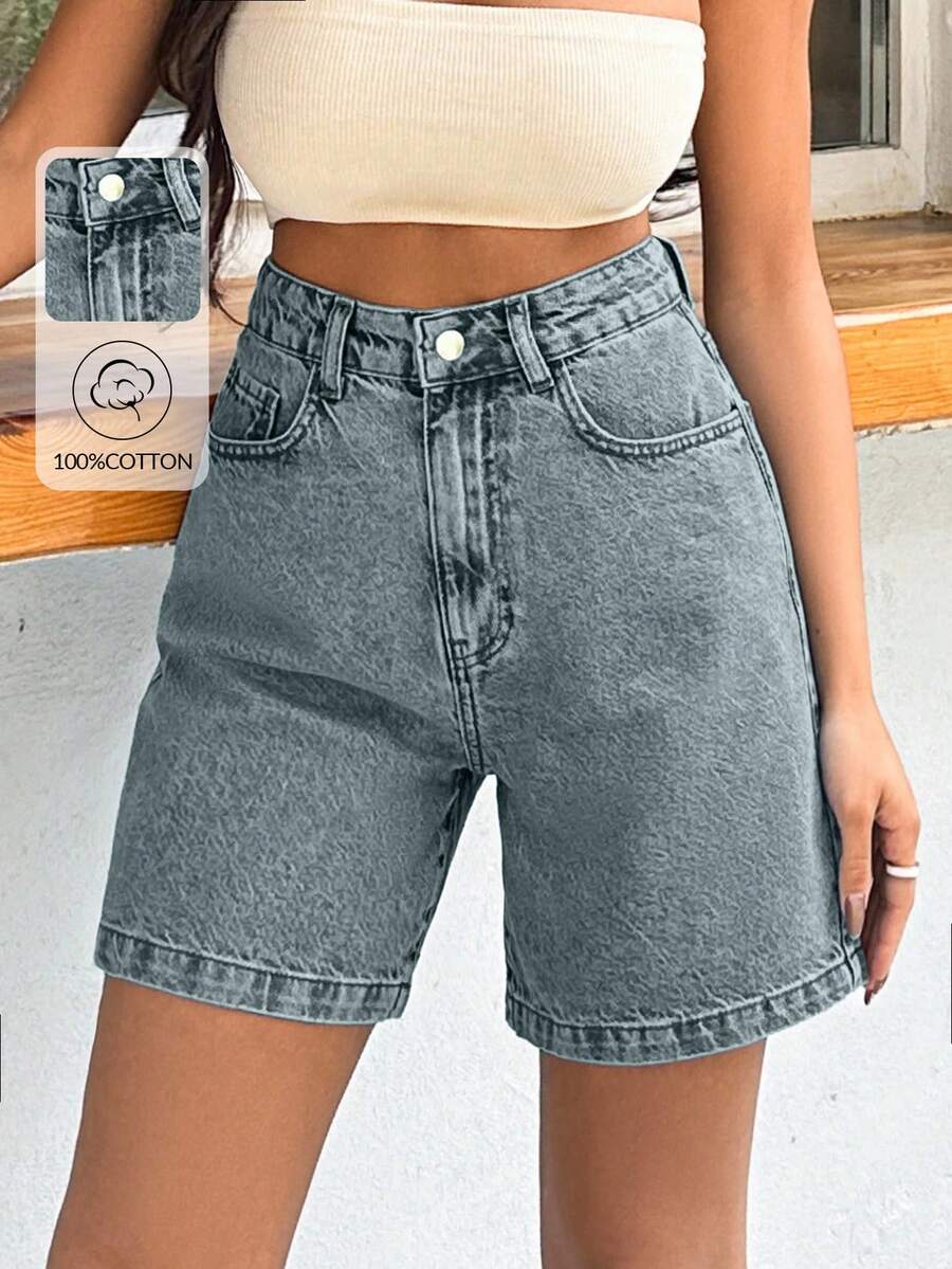 EURMUSE 100%Cotton Rigid Medium Wash Women Short - Dusty Blue - View 1