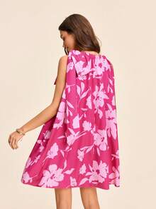 Coeurva Spring/Summer Vacation Chiffon Printed Off-Shoulder Mini Dress For Women - Pink - View 3